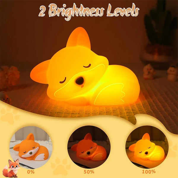 A rechargeable squishy fox night light showing three brightness levels: 0%, 50%, and 100%.