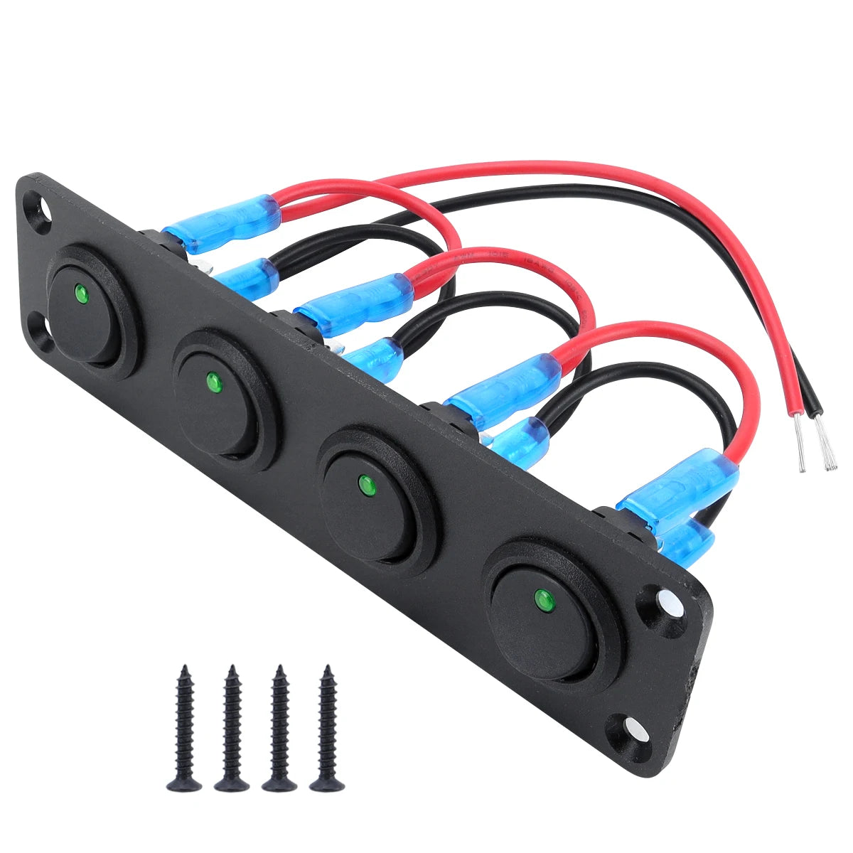 Black joystick switch panel with multiple colored wires and mounting holes for automotive or marine use