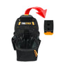 Schwarze Werkzeug-Organizer-Gürteltasche mit gelbem Logo und rotem Pfeil, die Innenfächer zeigt.