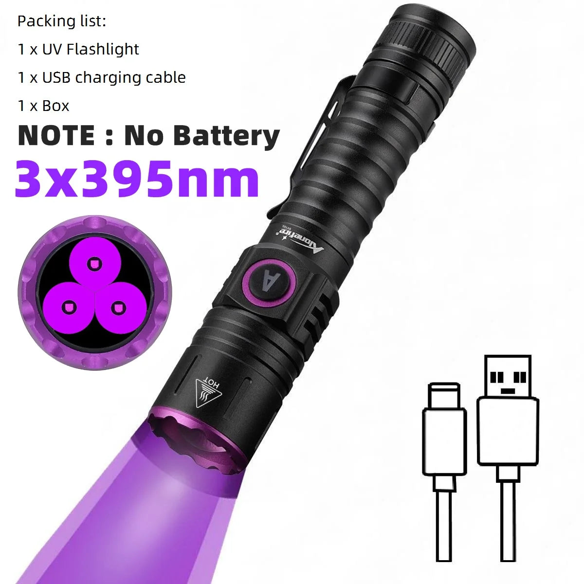 Linterna UV morada con punta magnética y cable de carga USB, junto a sus componentes.