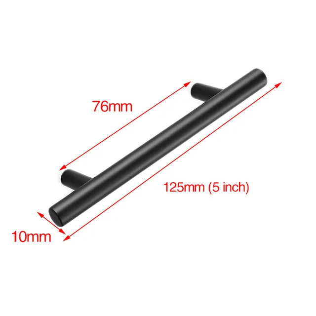 A black stainless steel kitchen door pull handle shown with dimensions of 76mm and 125mm.