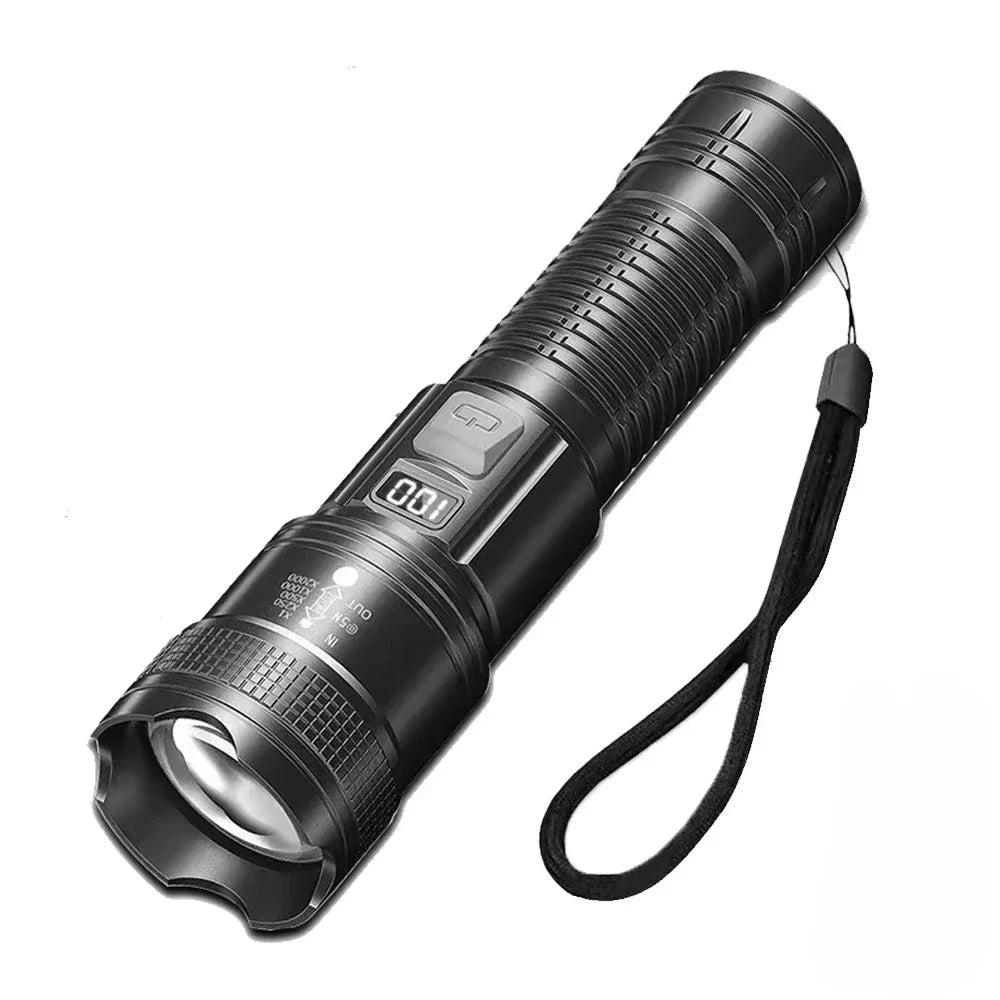 A black high-power tactical LED flashlight with a ribbed cylindrical body and a lens.