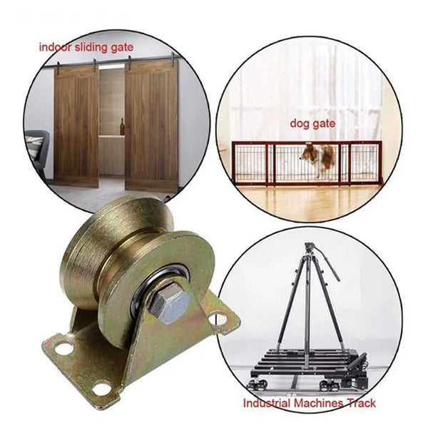 Stainless steel hardware caster track wheels and sliding gate components.