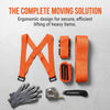 Orange ergonomic moving straps and gloves for securing and lifting heavy items.