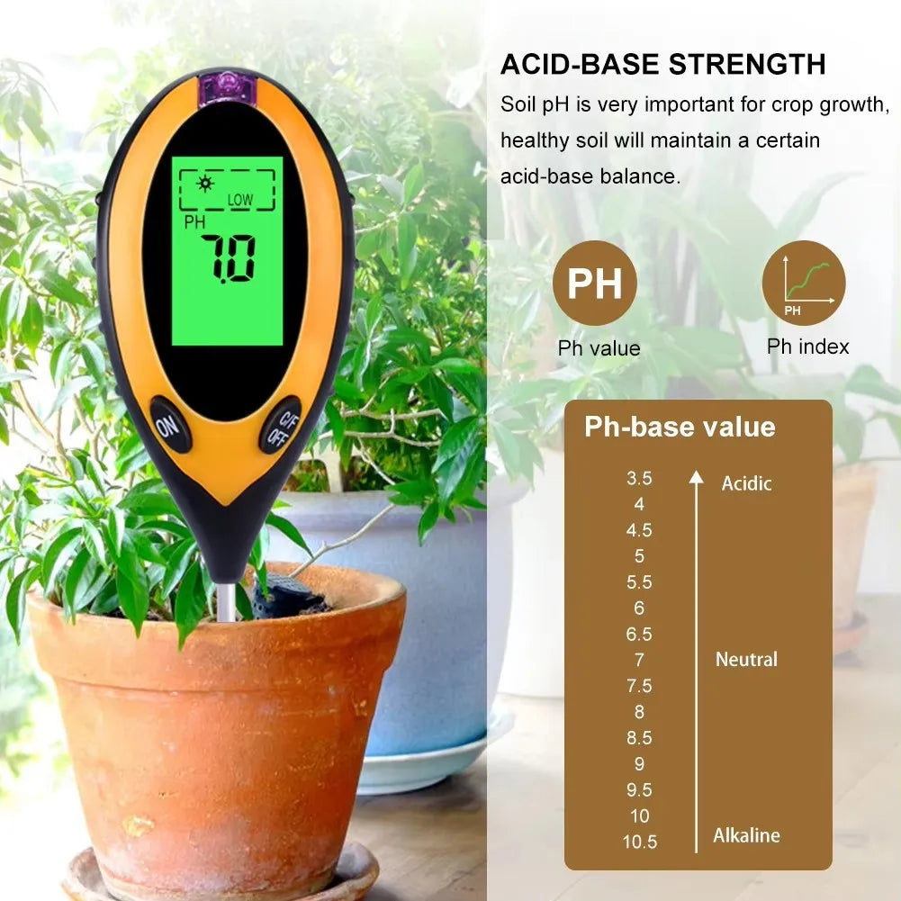 An orange soil pH meter is shown measuring the acidity of potted plants, illustrating soil health testing.