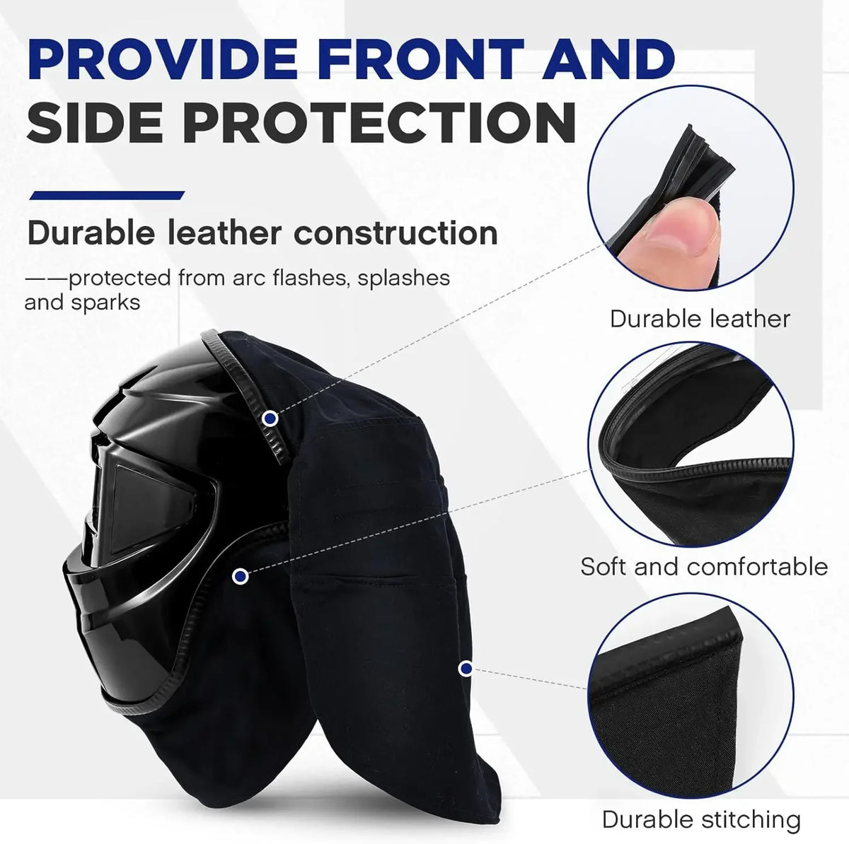 Schwarzer Lederhelm und -set, das strapazierfähige Konstruktion, Nähte und weiche Materialdetails zeigt.