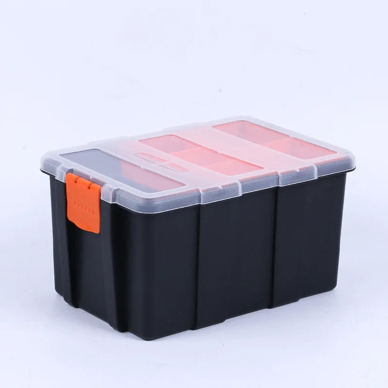 A black plastic hardware organizer box with an orange lid and a small orange tab.