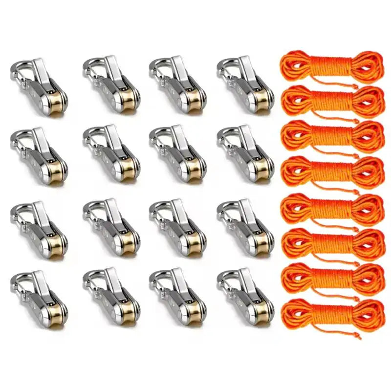 A set of adjustable aluminum tent rope tensioners with orange cord for securing ropes.