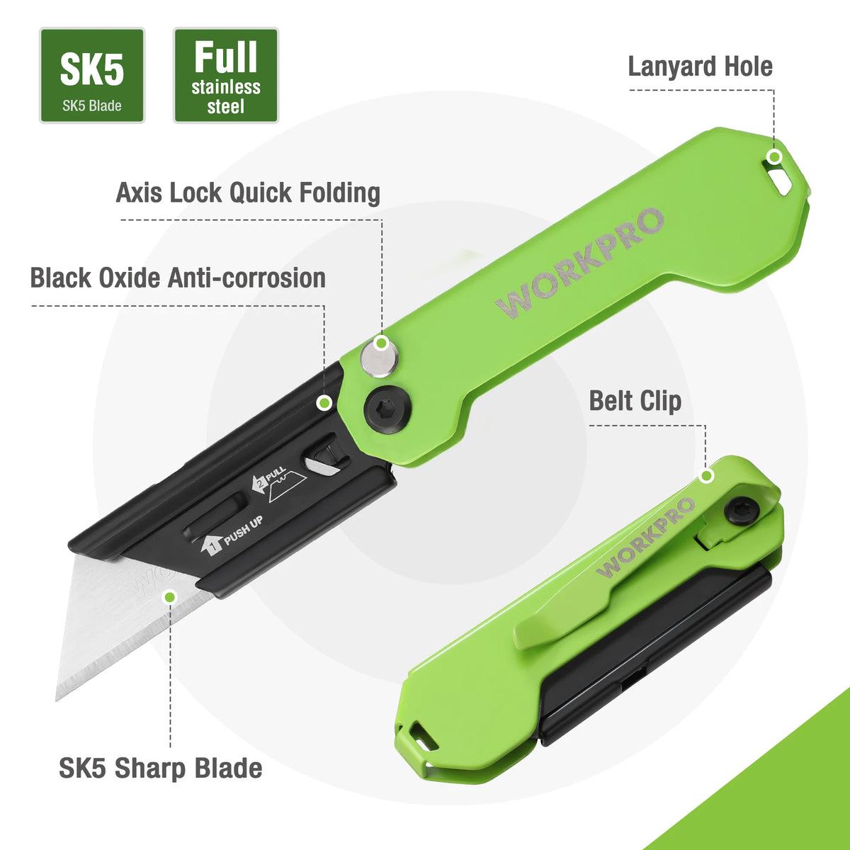 A green folding utility knife with a stainless steel blade and lanyard hole shown in various views.