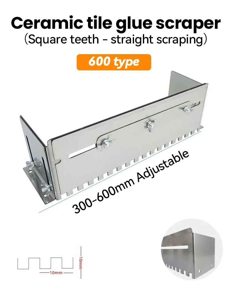 A silver ceramic tile glue scraper with square teeth, showing its adjustable design and size.