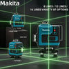 Makita green laser level device shown in front, side, and top views with various options displayed.