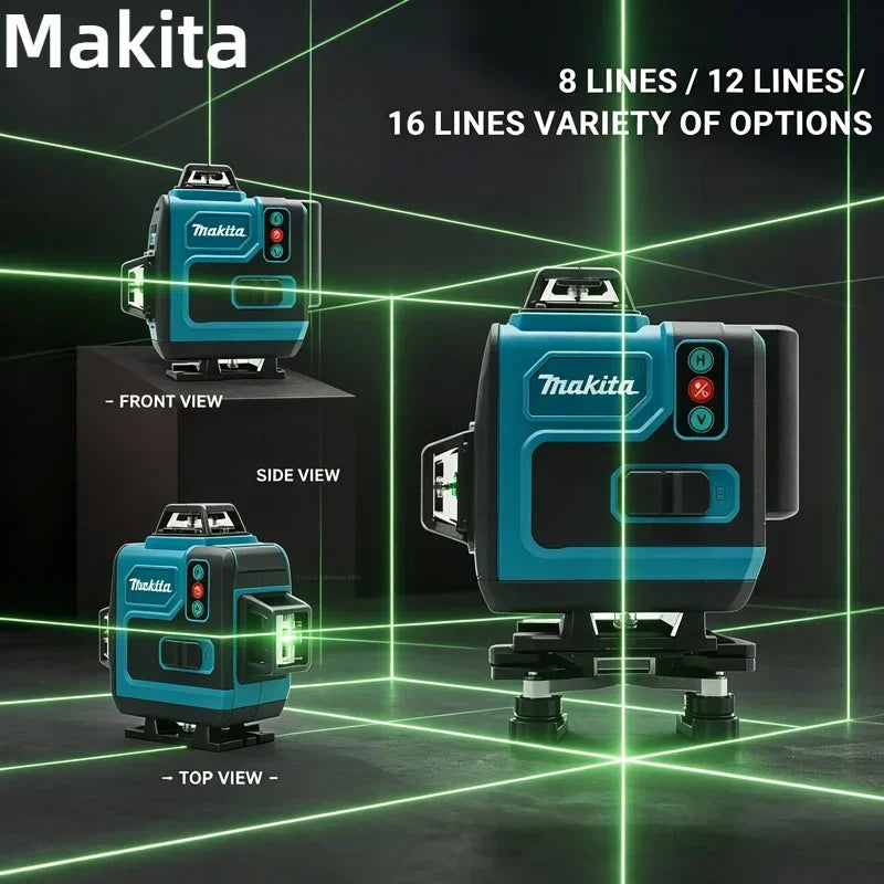 Makita green laser level device shown in front, side, and top views with various options displayed.