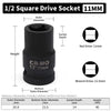 A black 1/2 square drive socket with a 11mm drive size and various dimensions shown.