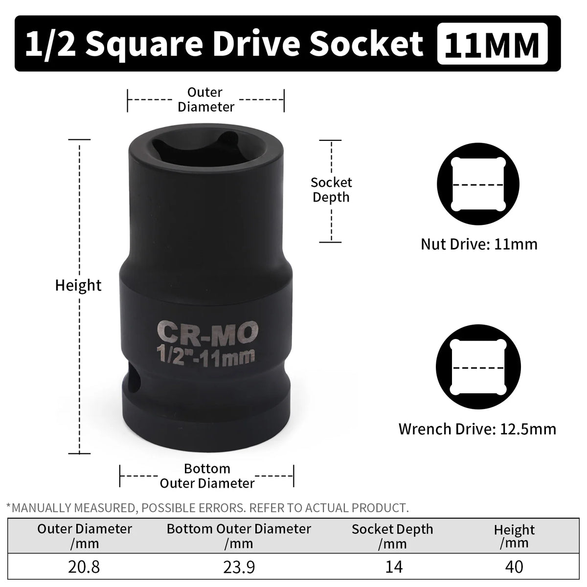 A black 1/2 square drive socket with a 11mm drive size and various dimensions shown.