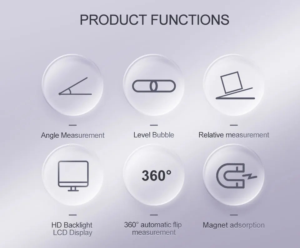 Icons illustrating product functions including angle measurement, level bubble, relative measurement, 360 degree automatic fl