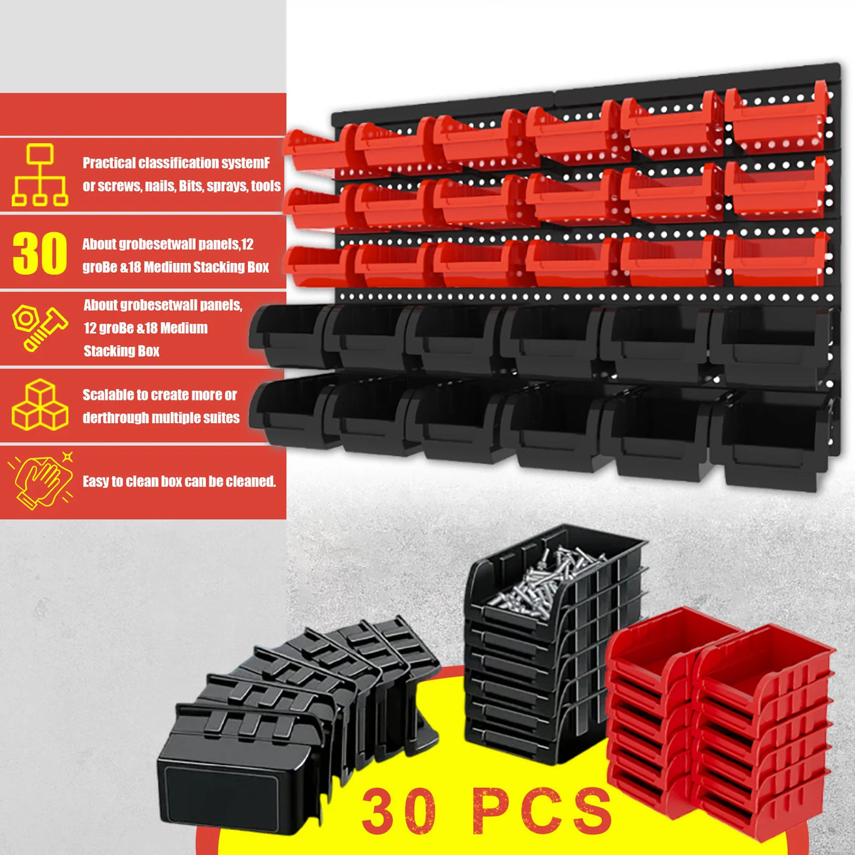 Un juego de 30 cajas y organizadores de almacenamiento negros y rojos para diversas herramientas y suministros.