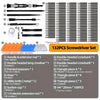 A set of 132 pieces of precision screwdrivers and tools including various screwdriver heads, tweezers, and extension rods.