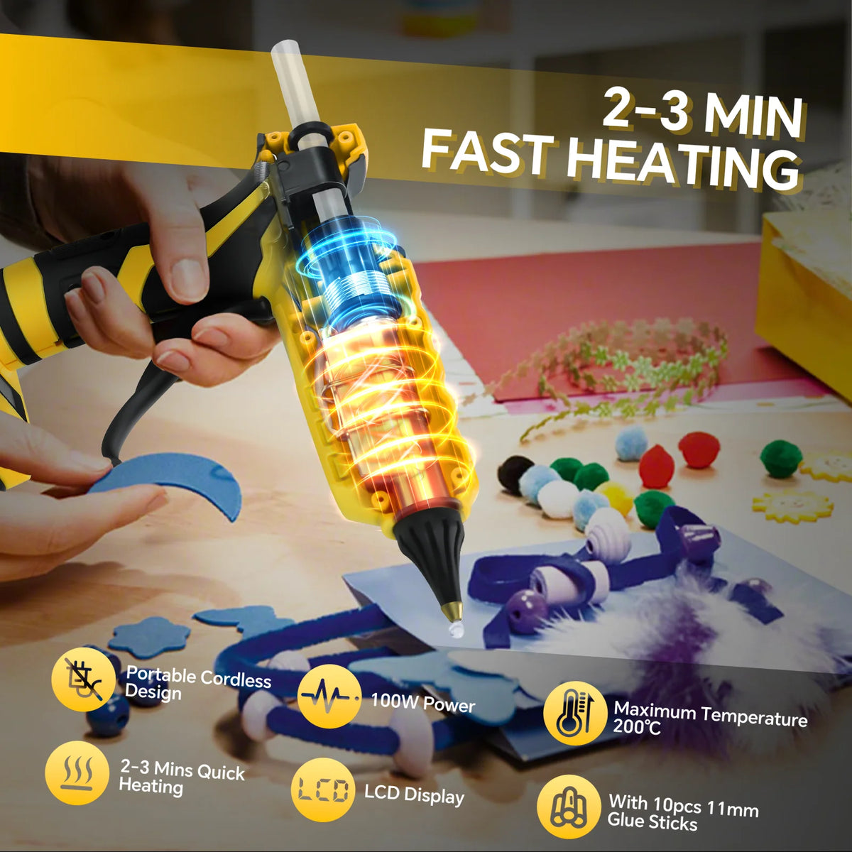 A hand is using a yellow cordless hot glue gun to heat a glue stick, demonstrating 2-3 minute fast heating.