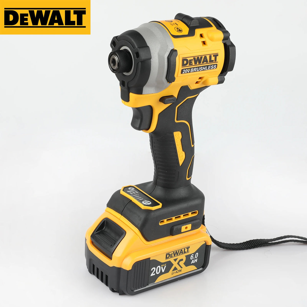 A yellow and black DeWalt 20V brushless electric screwdriver tool.