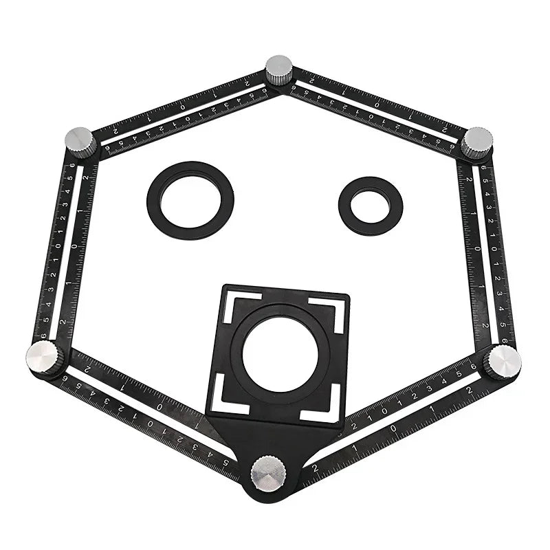 A black precision six-fold construction angle measuring ruler with a hexagonal frame and circular markings.