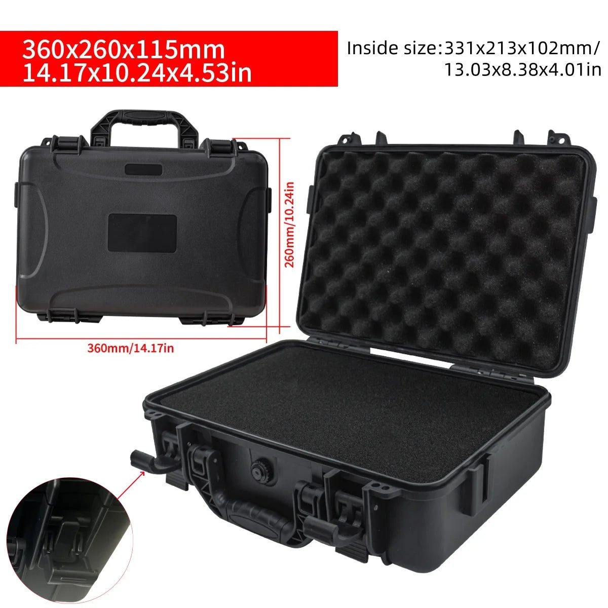 Boîte à outils portable noire avec insert de protection, vue de dessus et de côté.