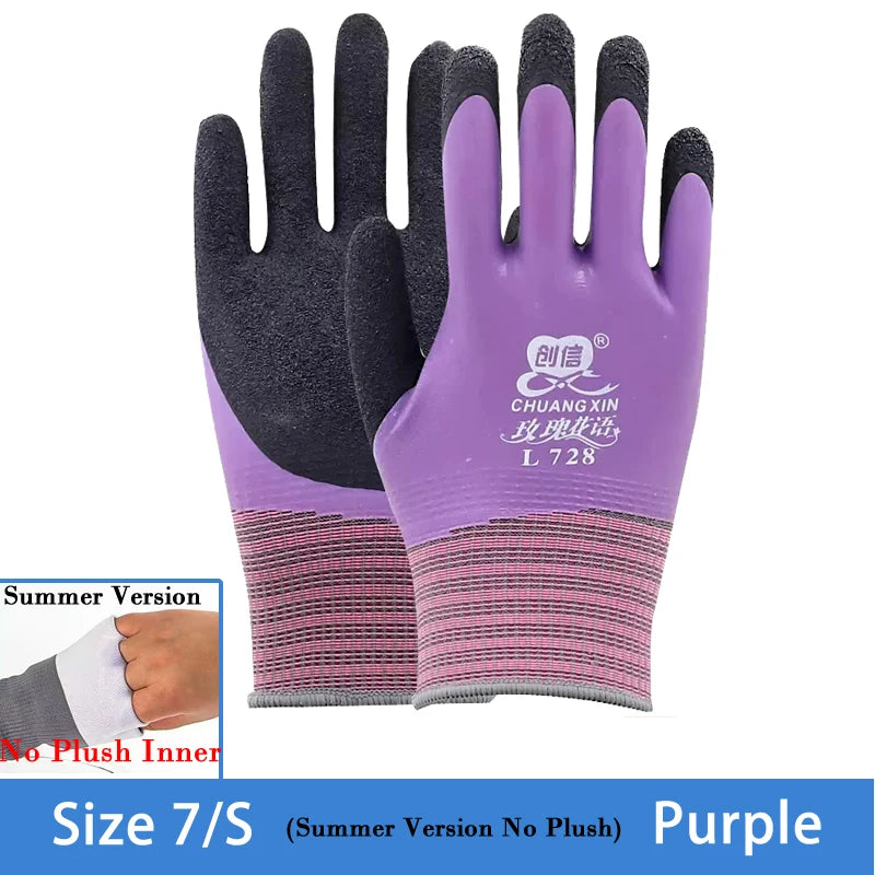 Purple summer version work gloves with black palms and pink cuff