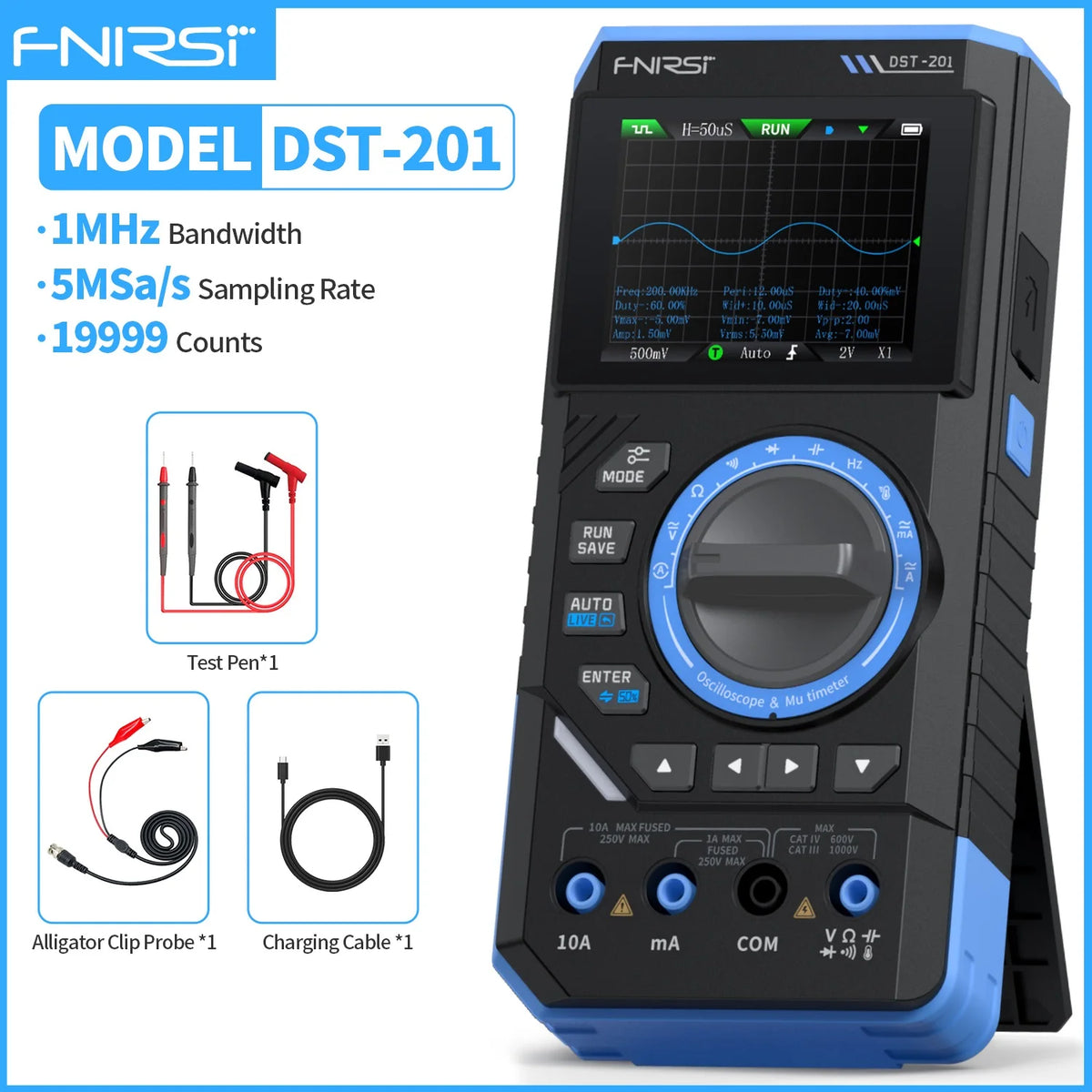 FNIRSI DST-201 digital multimeter oscilloscope with accessories for electronics testing