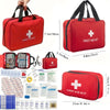 A red first aid kit with black straps and various medical supplies is shown in different sizes.