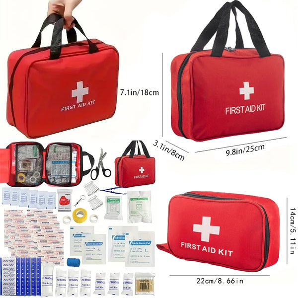 A red first aid kit with black straps and various medical supplies is shown in different sizes.