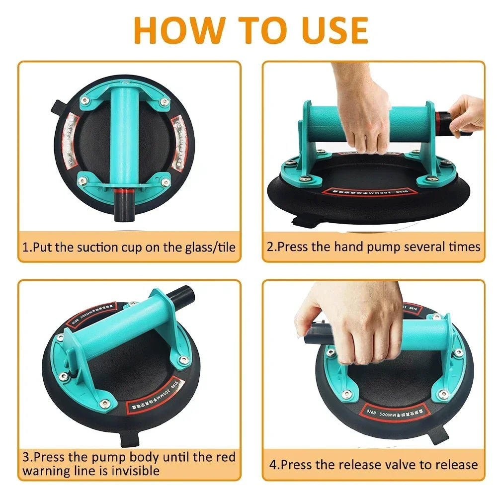 Instrucciones para usar una ventosa de succión para azulejos y vidrio, incluyendo cómo presionar y liberar la bomba