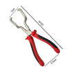 A pair of red and black professional hose clamp pliers with measurement markings.