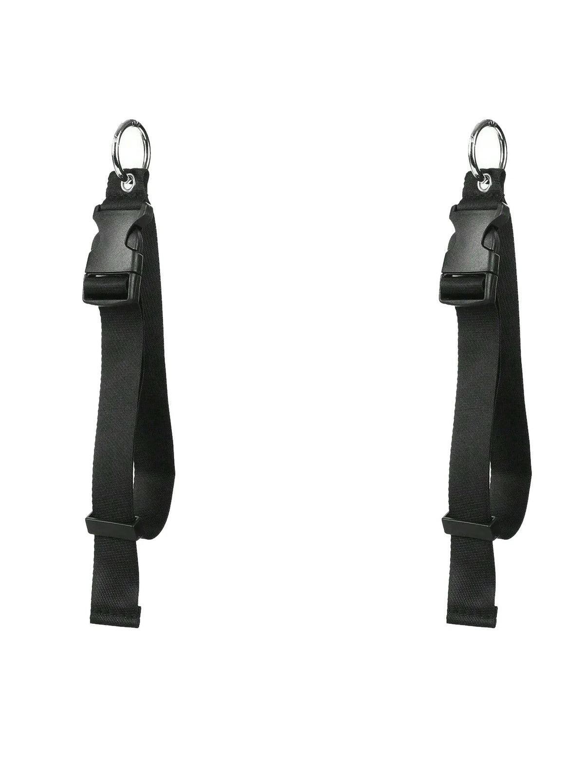 Set aus schwarzem, robustem Gepäckriemen und Rucksackclip mit Metallringen