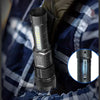 A black high-power tactical LED flashlight is shown being held, with an inset view of the light source.
