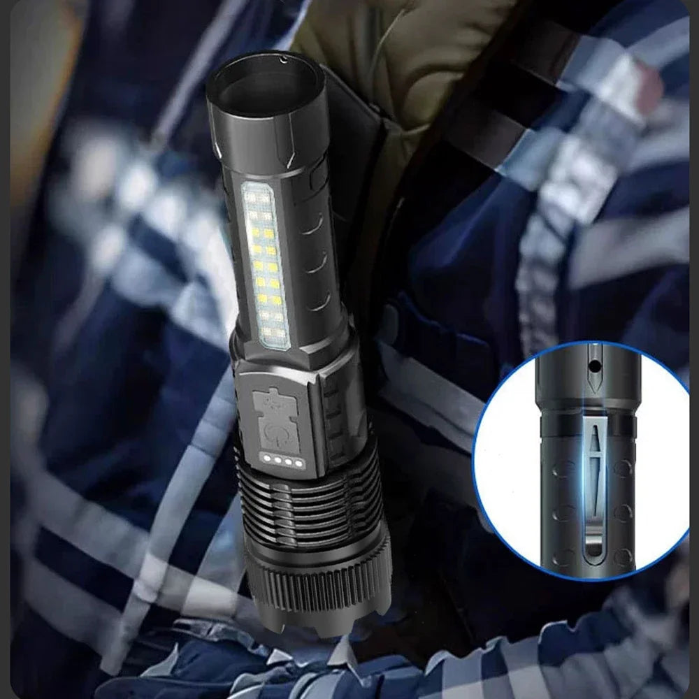 A black high-power tactical LED flashlight is shown being held, with an inset view of the light source.