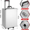 Silver heavy-duty mechanic tool kit trolley case showing dimensions and features like soft plastic handle, metal latch, and a