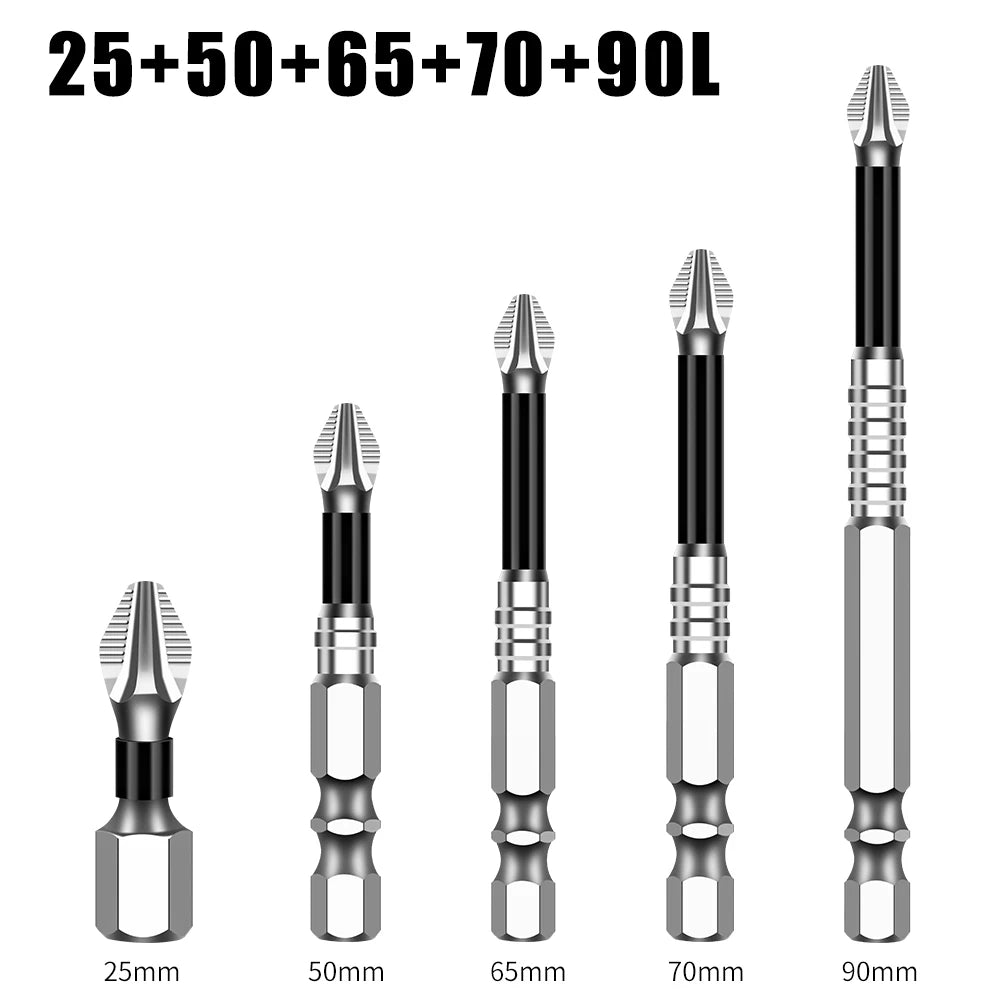 A set of precision magnetic drill bits with sizes ranging from 25mm to 90mm shown vertically.
