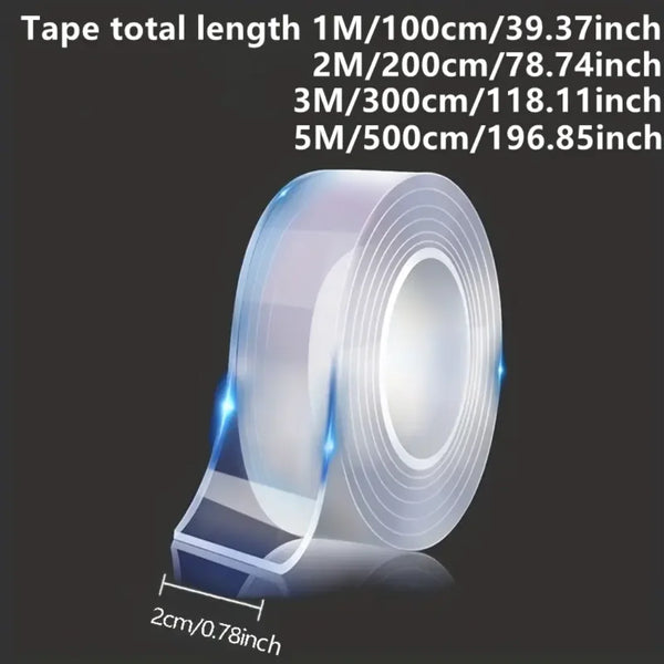 Roll of heavy-duty clear double-sided mounting tape with various length options and thickness measurement