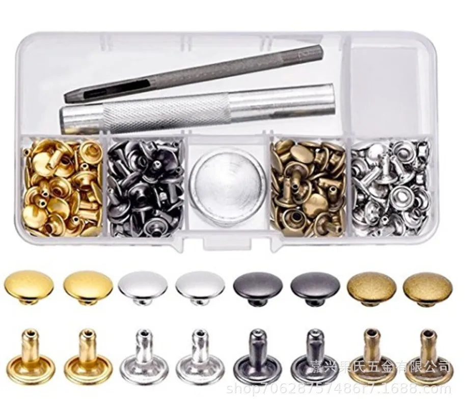 A collection of precision metal rivets and fasteners for leather and fabric repair, including various sizes and finishes.