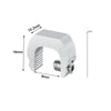 A silver aluminum window lock stopper with a curved shape and threaded end, shown next to a straight rod.