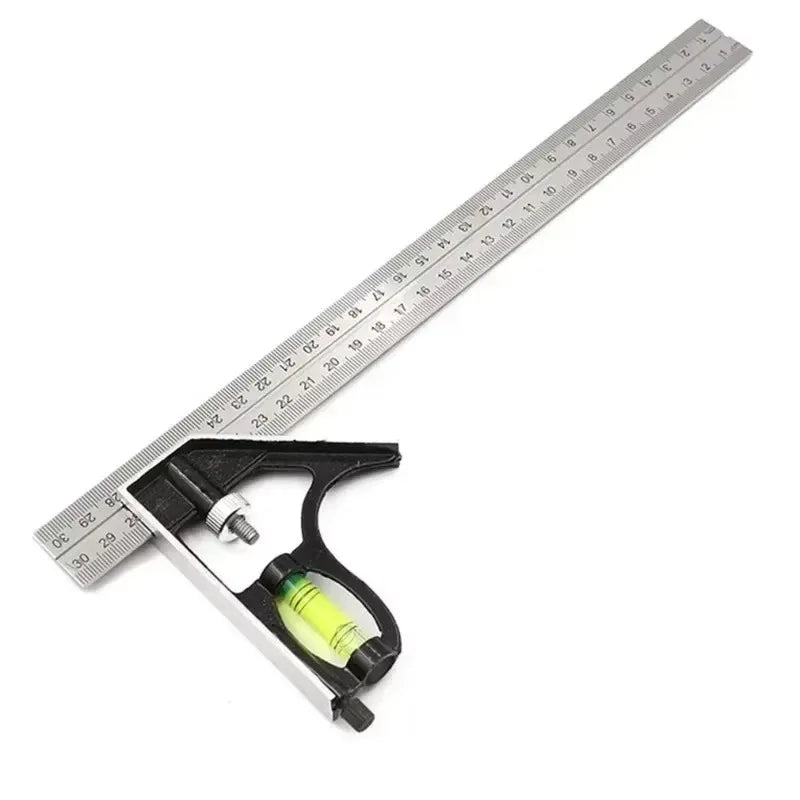 A precision stainless steel combination spirit level set with a graduated ruler and a liquid level
