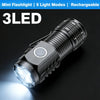 Schwarzes 3LED-Rechargeable Mini-Taschenlampe mit Kugelschreiberclip, die helle Lichtstrahl zeigt.