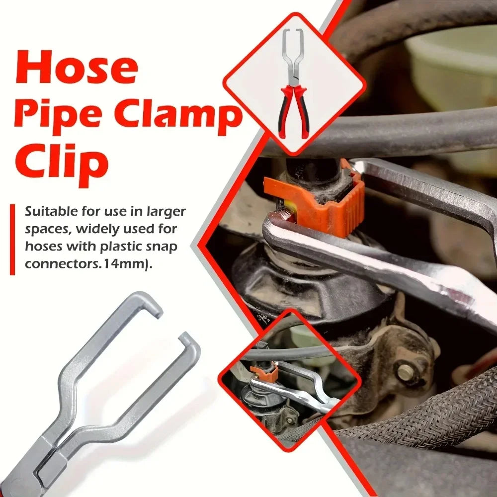 Gros plan d'une pince à collier pour tuyaux argentée, utilisée pour fixer des tuyaux avec des connecteurs à clips en plastiqu