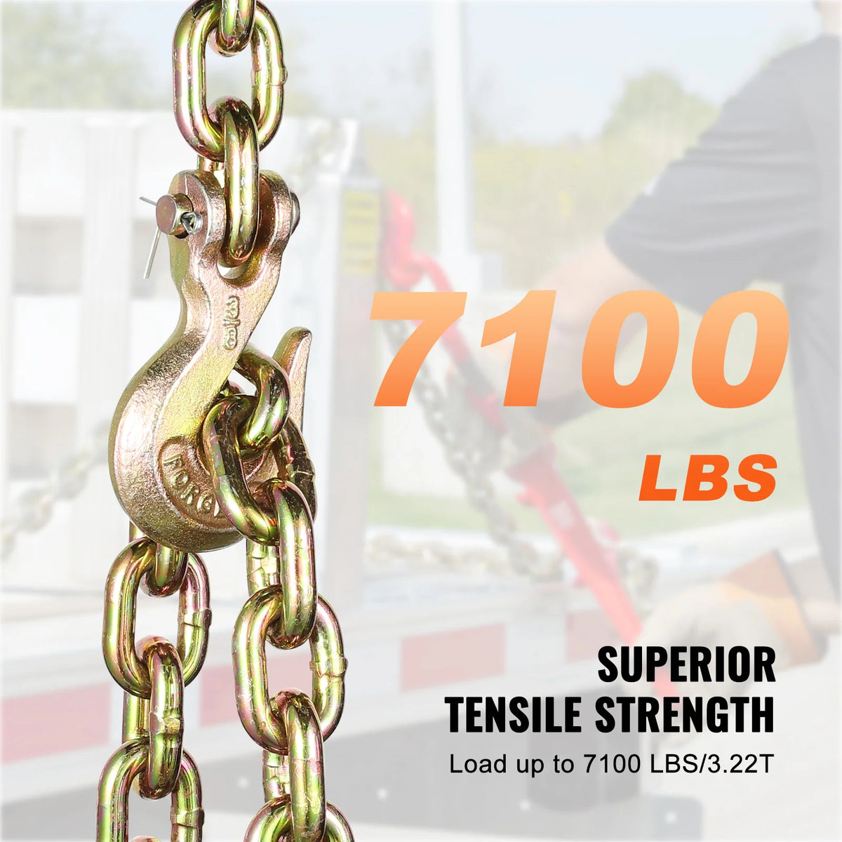 A close-up of a heavy duty binder chain set with a link and chain section, showing superior tensile strength.