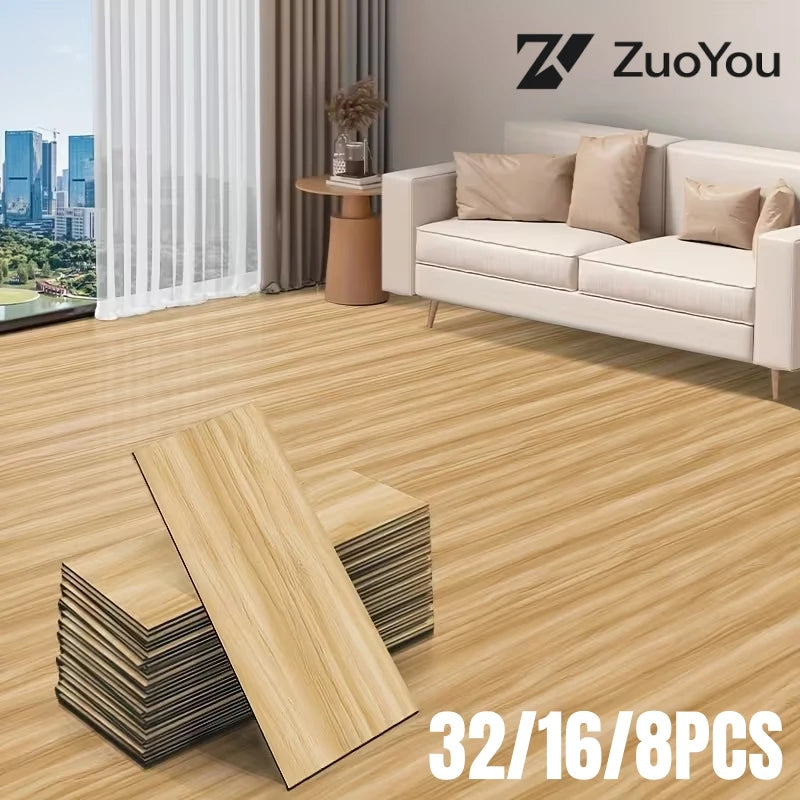 A set of 32/16/8 pieces of peel and stick wood grain floor tiles displayed on a wooden floor.