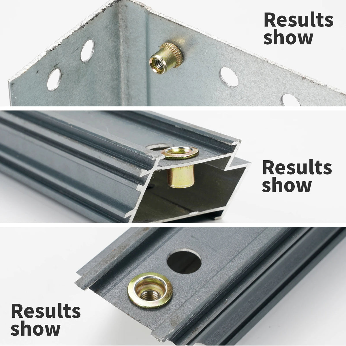 Close-up views of a precision hand rivet nut gun set showing the riveting process and finished components.