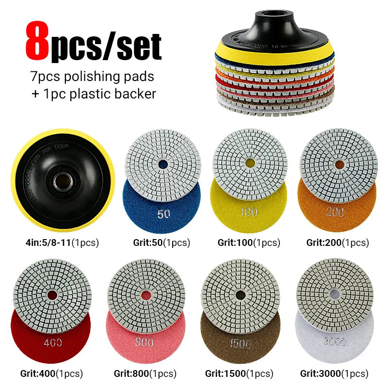Set of 8 polishing pads including 7 sanding pads and one plastic backer for stone restoration