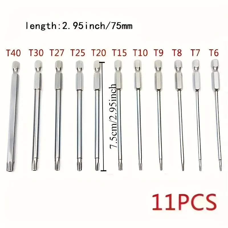 A set of 11 precision star torx bits with various sizes T40 to T6, measuring 2.95 inches long.
