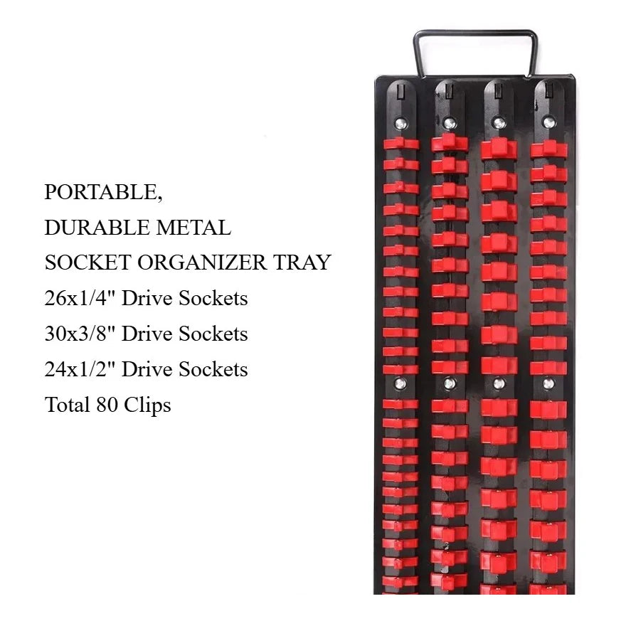 A black metal socket organizer tray with 80 clips for various drive sockets.