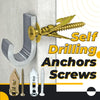 A close-up of various self drilling anchors and screws, including a gold-colored self drilling anchor and several metal screw