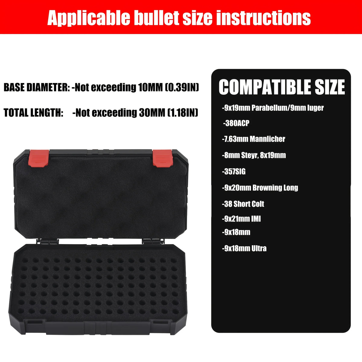 Boîte d'entreposage durable en métal noir pour munitions avec instructions de tailles de balles variées